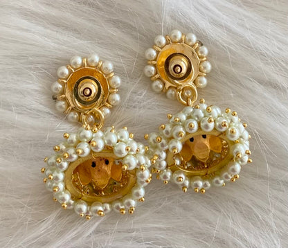 Gold tone precious kemp-green stone pearl jhumkka dj-53924