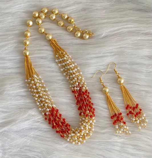 Gold tone red beaded pearl multilayer necklace set dj-54210