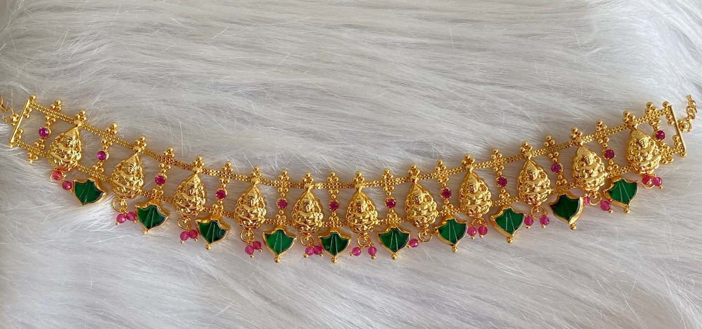 Gold tone kerala style pink-green palakka lakshmi choker necklace dj-54276