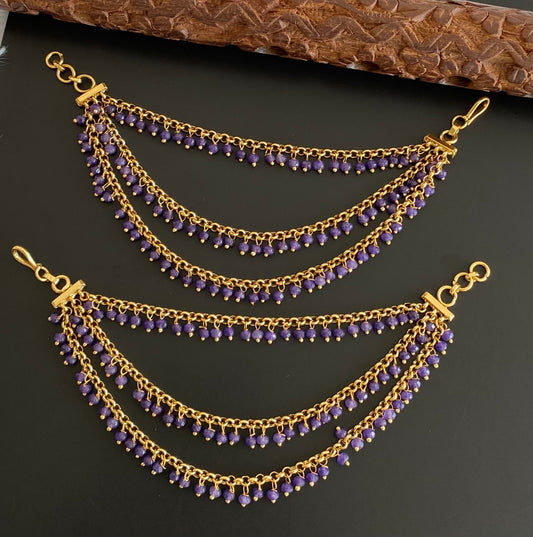 Antique gold tone purple beaded multi layer ear side chian dj-54050
