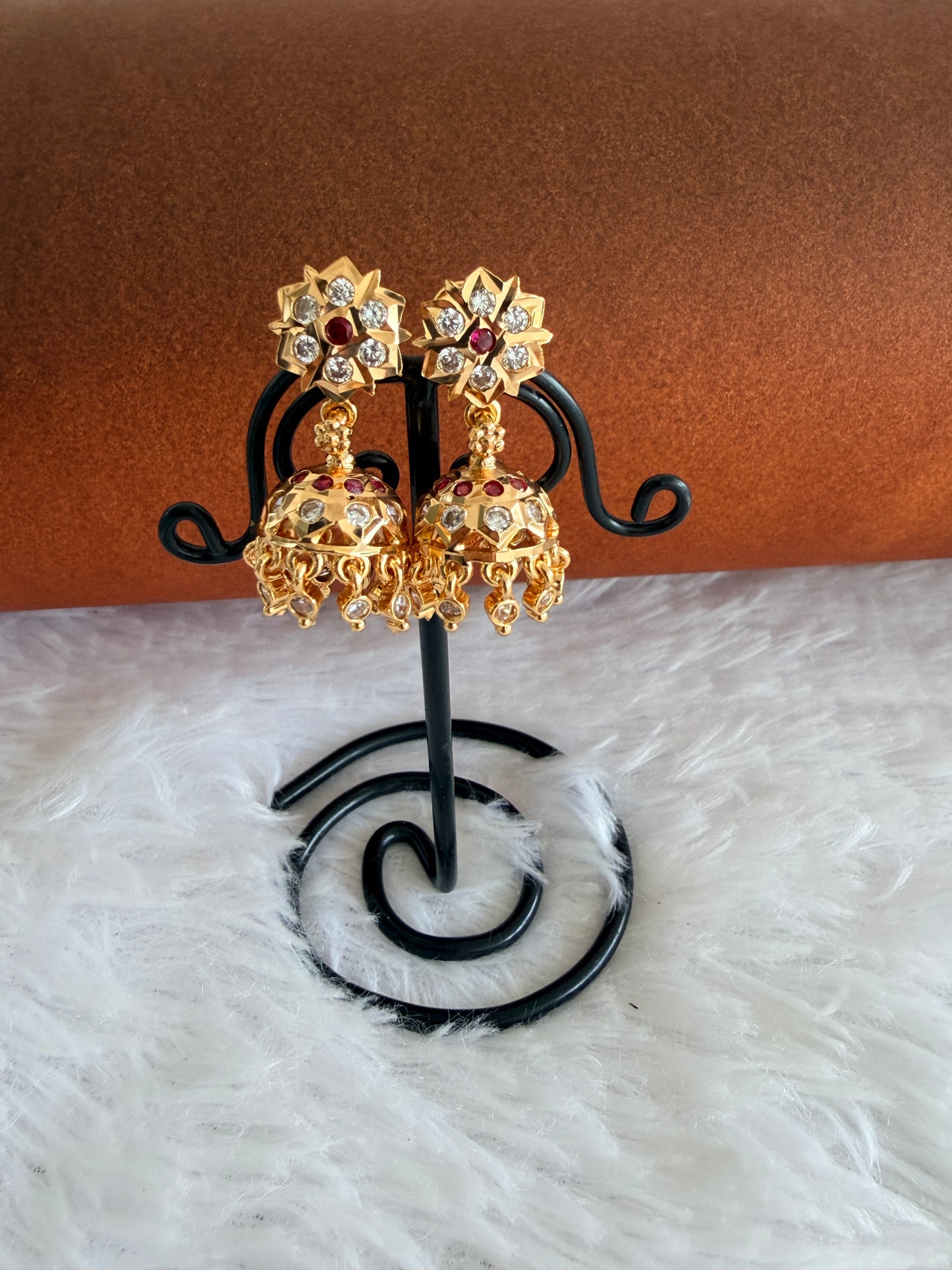 Gold tone AD pink-white south Indian flower jhumkka dj-53270