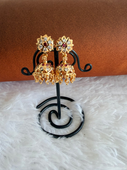 Gold tone AD pink-white south Indian flower jhumkka dj-53270