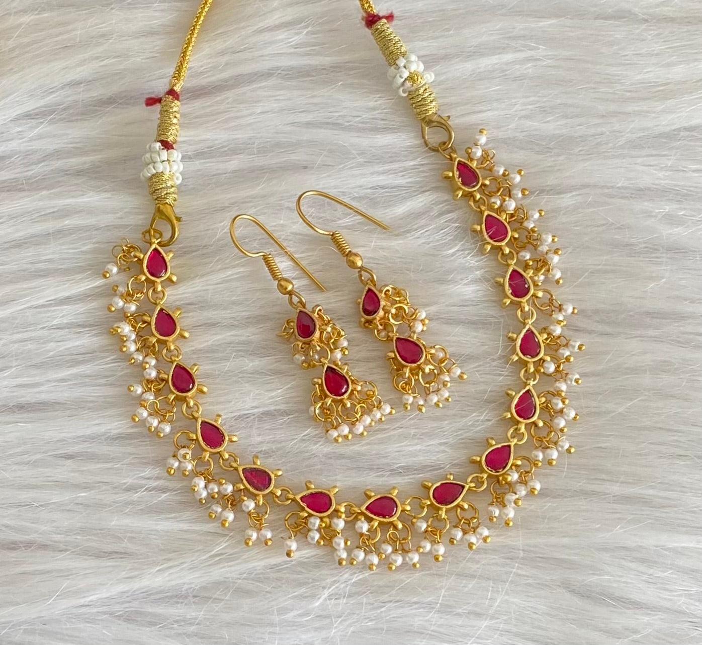 Antique gold tone kemp kundan jadau pearl necklace set dj-54150