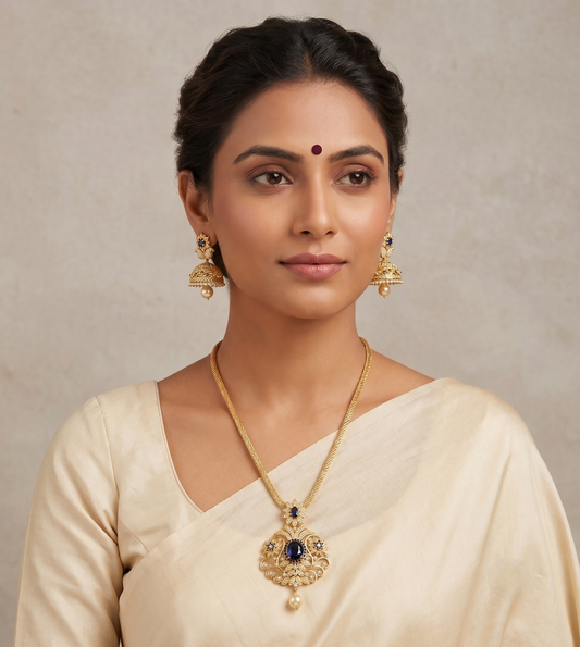 Gold tone Cz-blue mango necklace set dj-07036