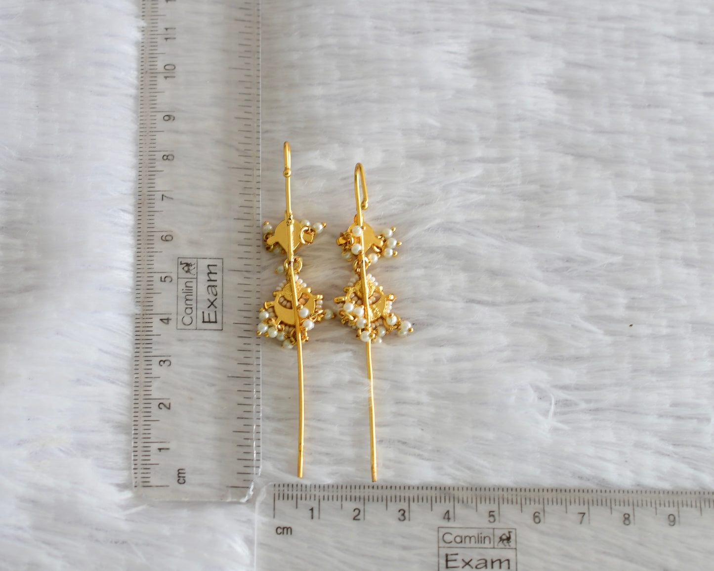 Gold tone pink-green kundan jadau moon bugadi needle earrings dj-52450