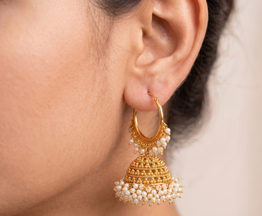 Antique gold tone pearl cluster hoop jhumkka-dj07090