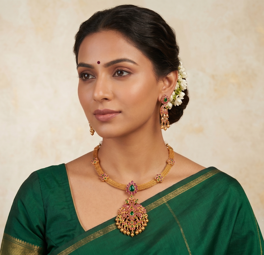 Matte finish ruby-emerald peacock necklace set-dj07102
