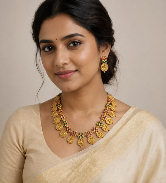 Matte finish ruby-emerald lakshmi coin necklace set-dj07103