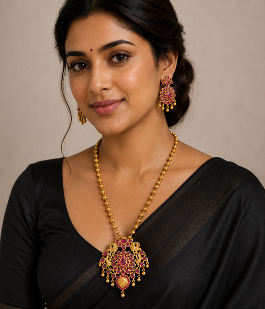Matte finish ruby peacock necklace set dj-07110