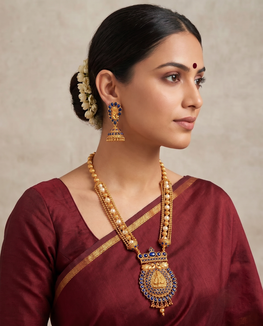 Antique gold tone Blue Lakshmi Pearl Haar Set-dj07150