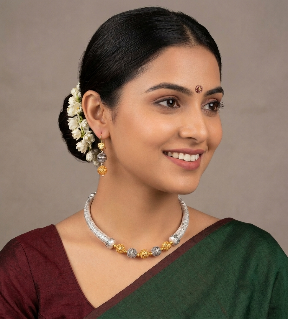 Dual Tone oxidized silver beaded kante necklace set-dj07153