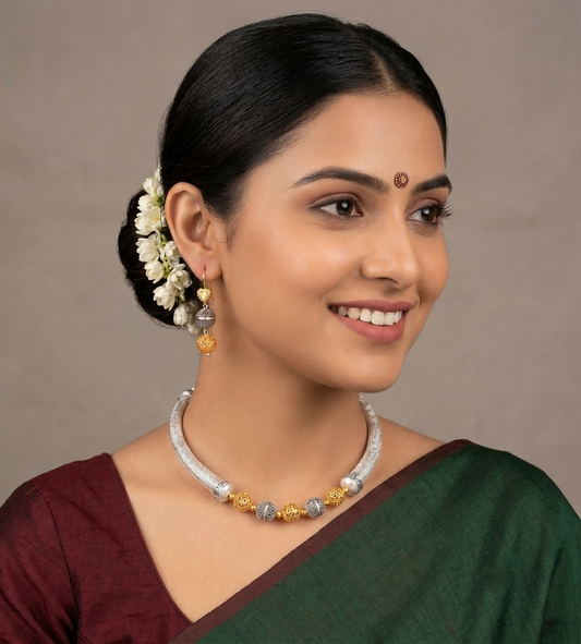 Dual Tone oxidized silver beaded kante necklace set-dj07153