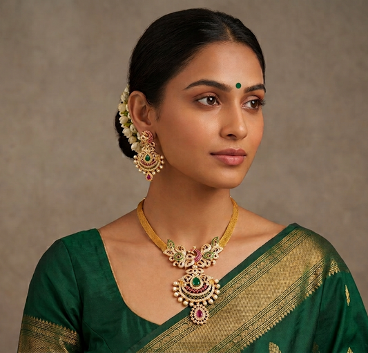 Gold tone cz-ruby-emerald peacock necklace set dj-07156