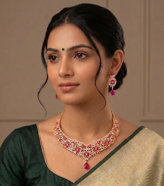 Gold tone cz ruby floral necklace set-dj07162