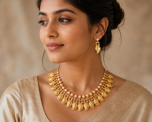 Gold tone cz pearl mango necklace set-dj07163