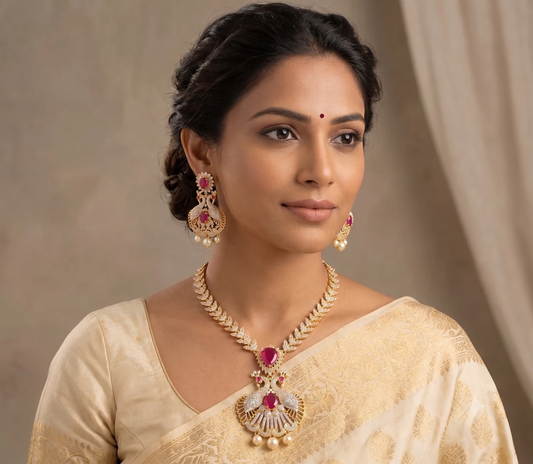 Gold tone cz-ruby peacock necklace set-dj07164