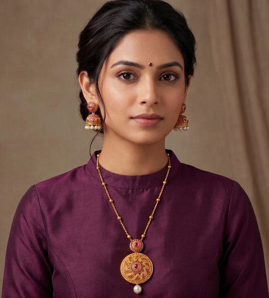 Matte finish ruby round pendant necklace set-dj07166