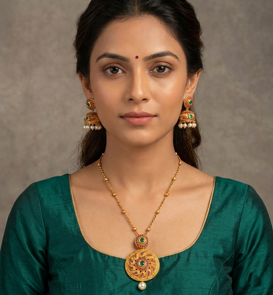 Matte finish ruby-emerald round pendant necklace set-dj07167