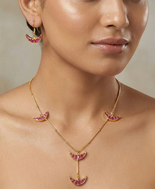 Gold tone pink kundan jadau moon chain/necklace set dj-43153