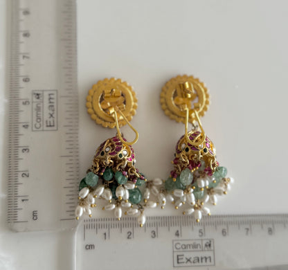 Gold tone pink-green-white kundan jadau flower green beaded jhumkka dj-51505