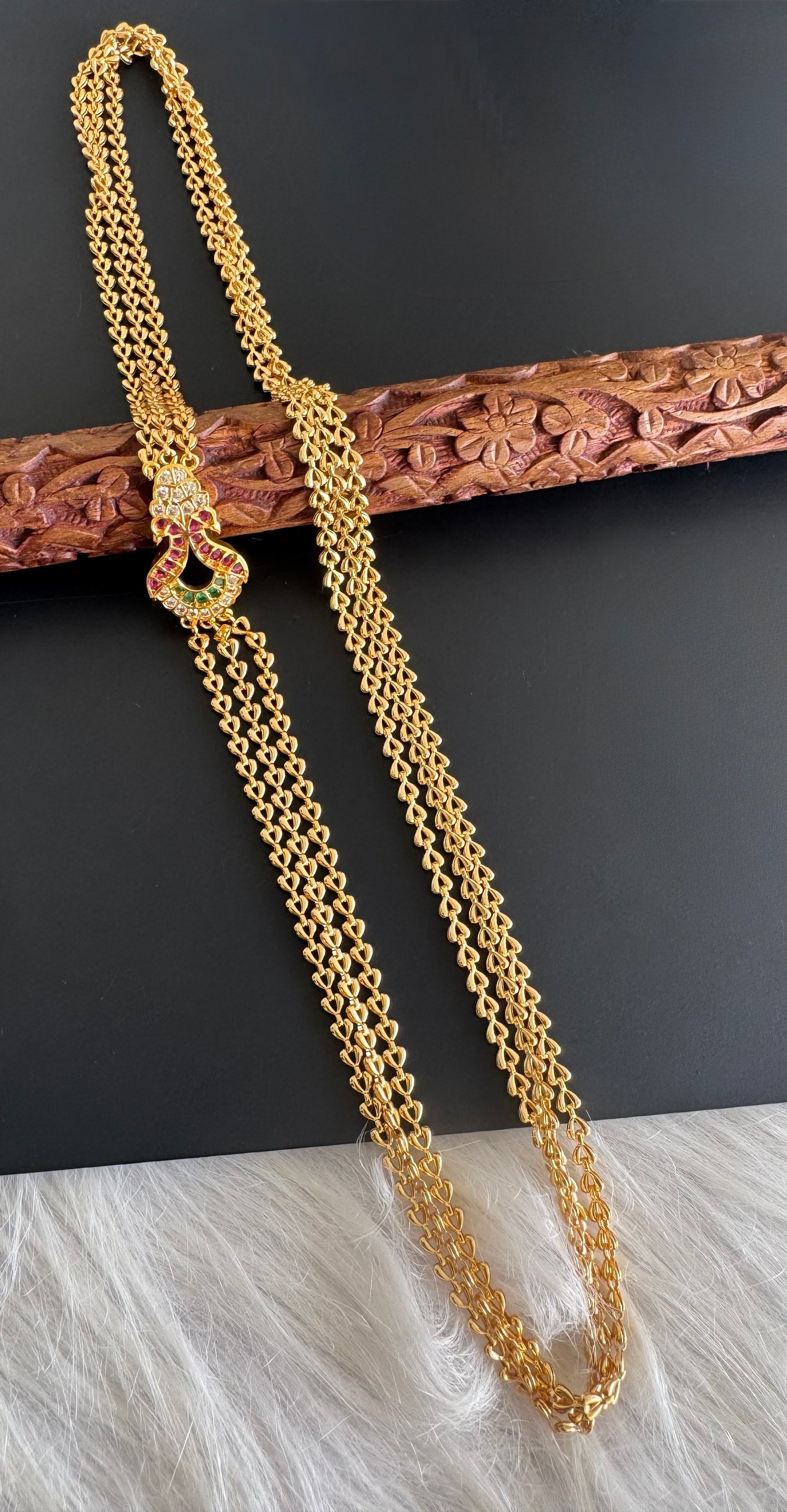 Gold tone 24 inches ruby-green-white triple layer peacock mugappu chain dj-51269