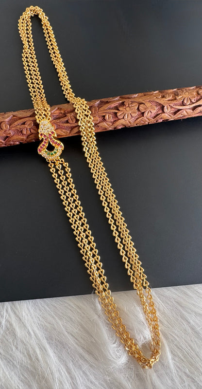 Gold tone 24 inches ruby-green-white triple layer peacock mugappu chain dj-51269