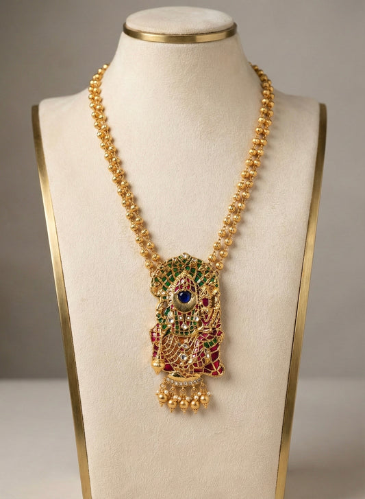 Gold tone pink-blue-green kundan jadau Shri Narasimha necklace dj-52574