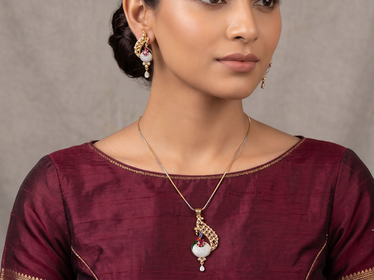 Dual tone cz-ruby meenakari peacock pendant necklace set dj-07212