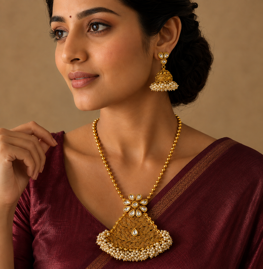 Antique gold tone Pearl Cluster White Kundan Necklace Set-dj07218
