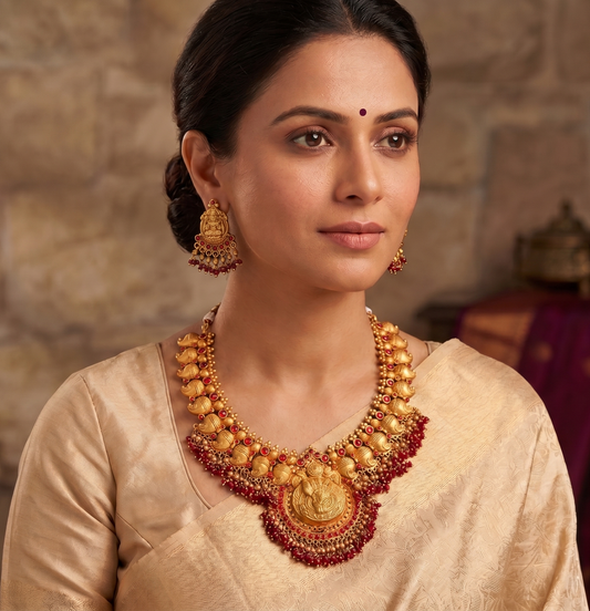 Matte finish ruby Lakshmi necklace set dj-07230