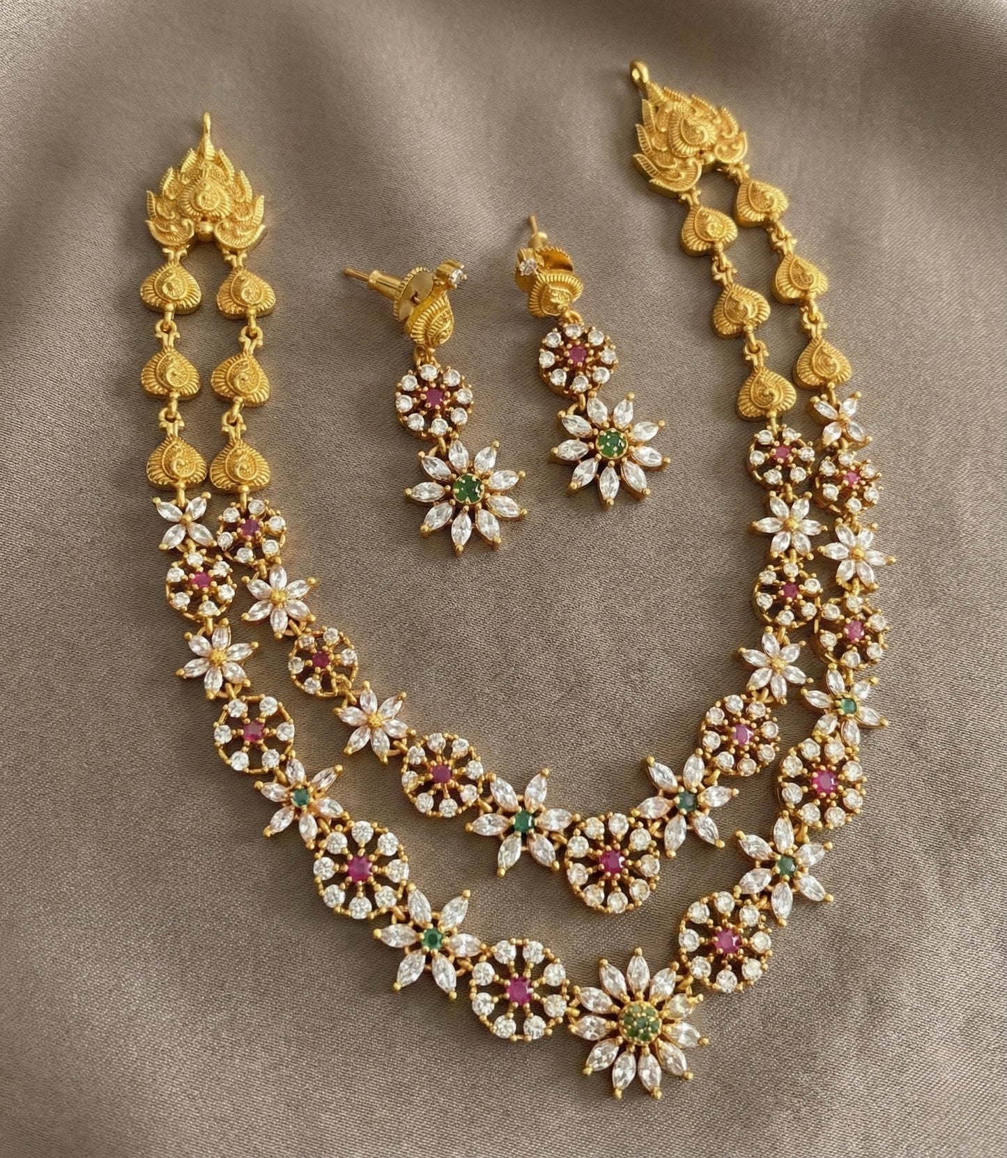 Matte finish cz ruby-green flower double layer necklace set DJ32070