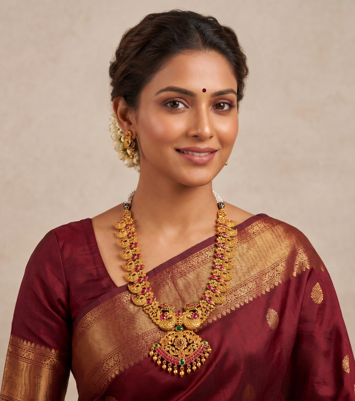 Matte finish ruby-emerald peacock necklace set dj-07271