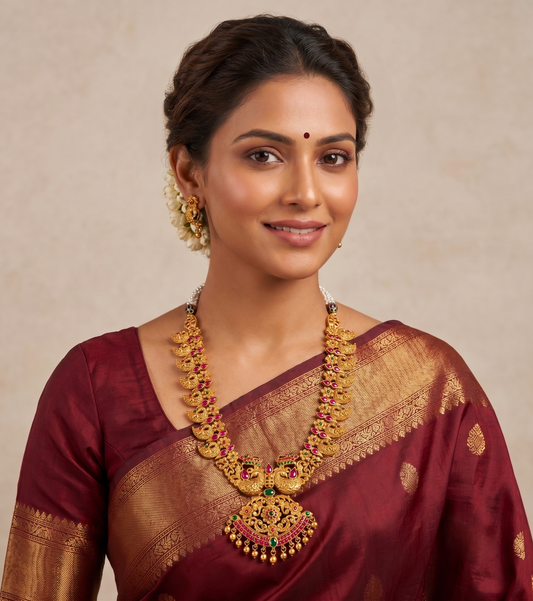 Matte finish ruby-emerald peacock necklace set dj-07271