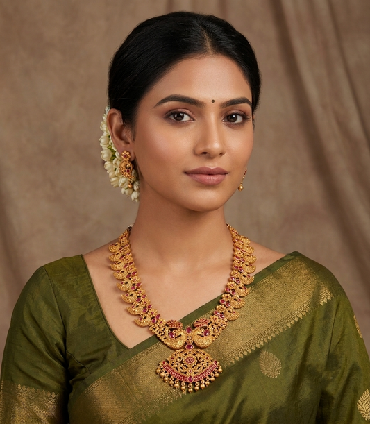 Matte finish ruby mango-peacock necklace set dj-07272