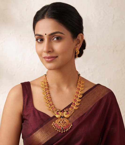 Matte finish ruby-blue peacock necklace set dj-07273