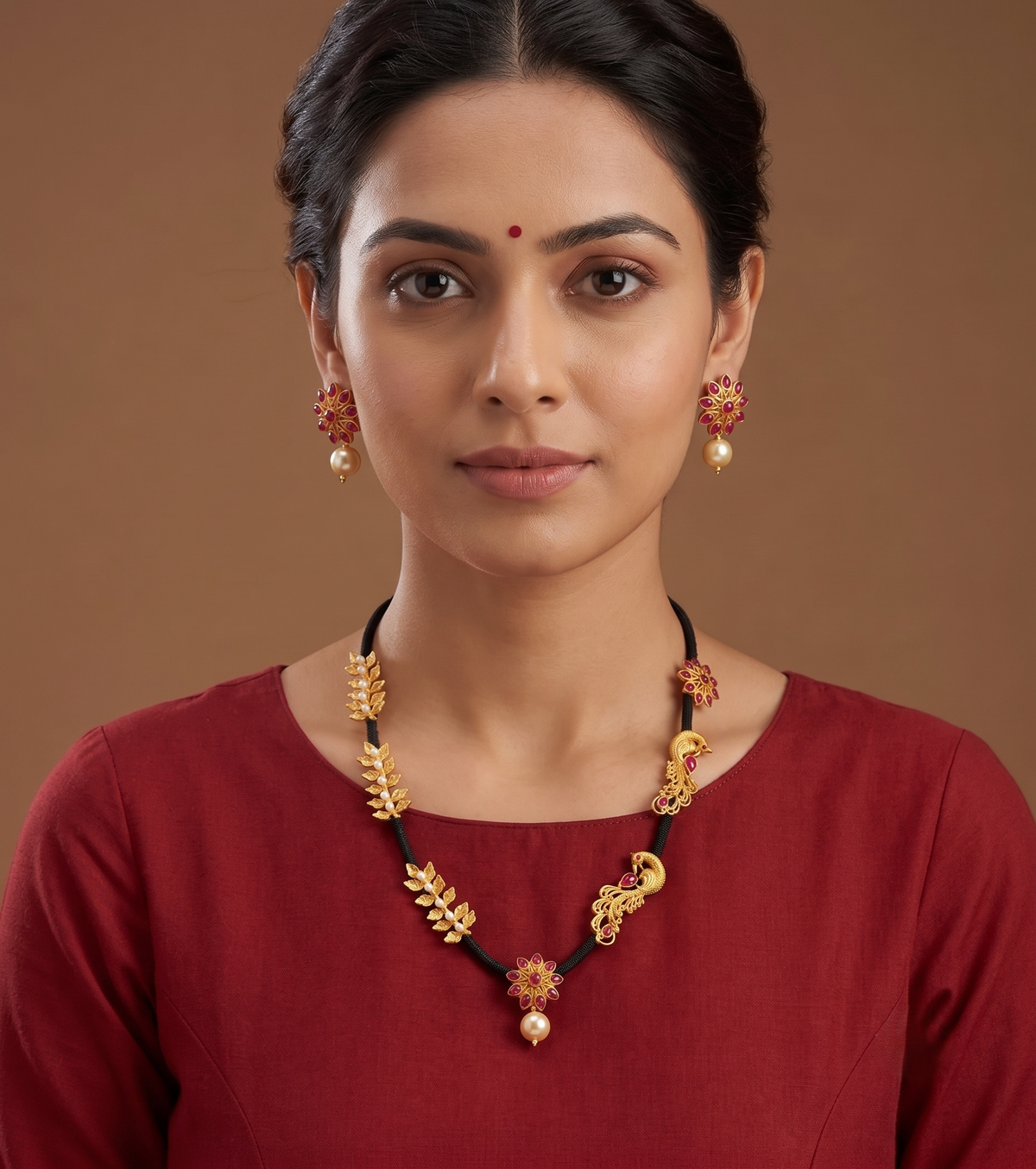 Matte finish black thread ruby peacock necklace set-dj07275