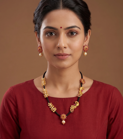 Matte finish black thread ruby peacock necklace set-dj07275