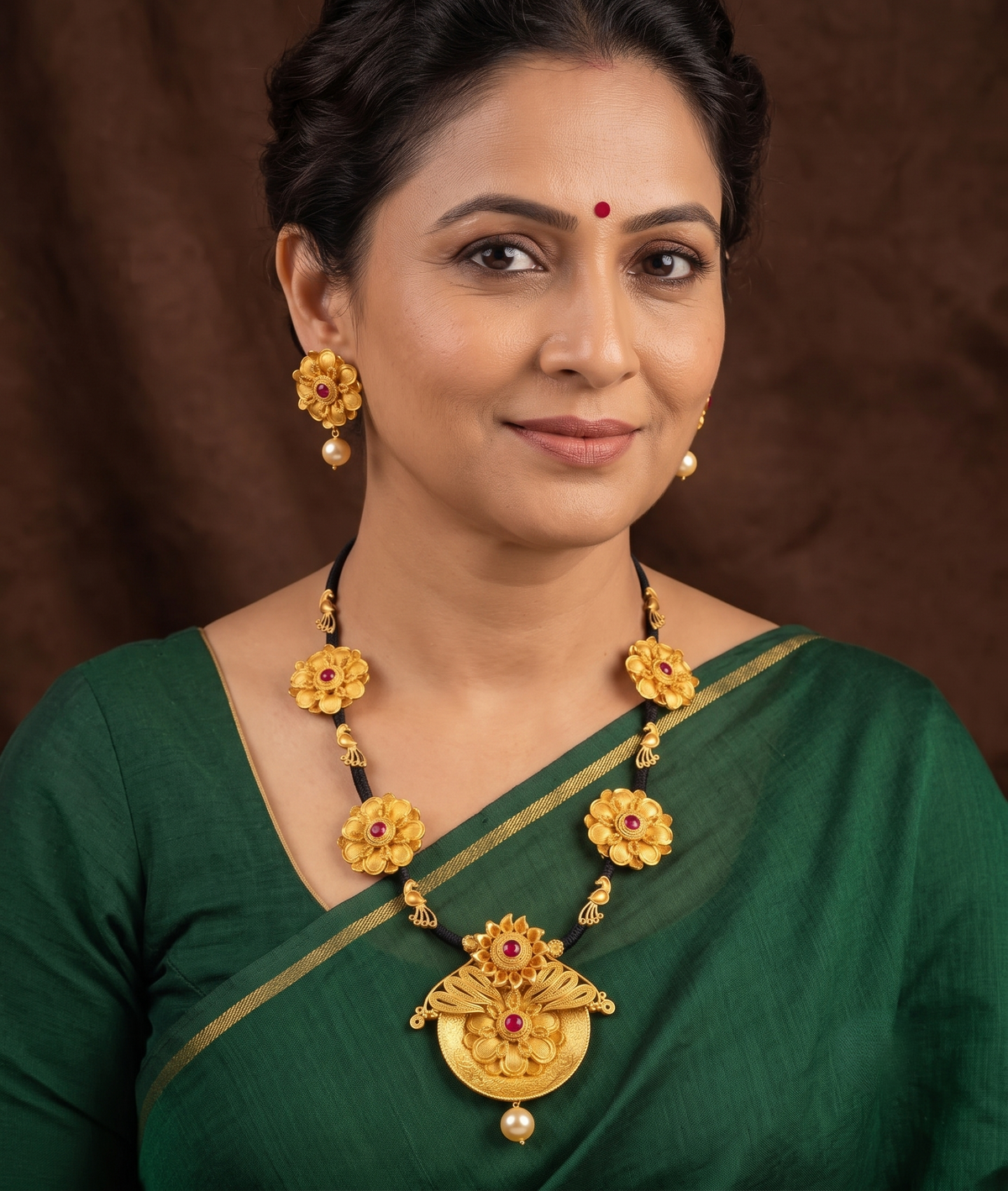 Matte finish Black silk thread ruby necklace set-dj07276