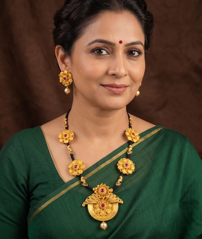 Matte finish Black silk thread ruby necklace set-dj07276