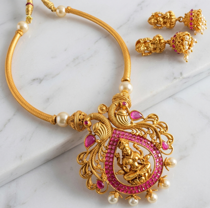 Gorgeous Goldplated Ruby Lakshmi Necklace Set-dj07281