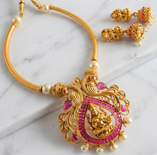 Gorgeous Goldplated Ruby Lakshmi Necklace Set-dj07281