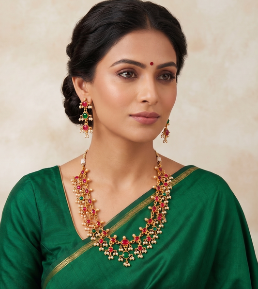 Matte Finish Kemp-green pearl Necklace Set-dj07315