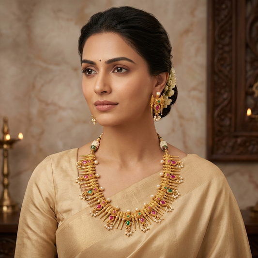 Gold Tone Ruby-green Kerala style Mango mulla mottu Necklace Set-dj07329