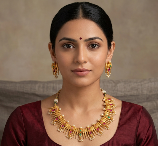 Gold Tone Ruby-green Kerala style Mango mulla mottu Necklace Set-dj07329