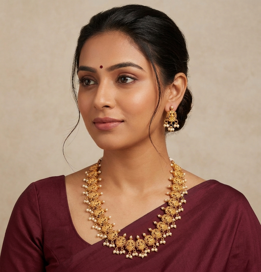 Matte Finish pearl Lakshmi necklace set-dj07332