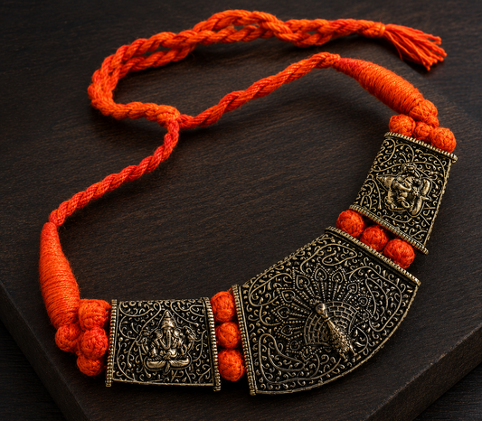 Antique Orange Threaded Peacock-ganesha Necklace-dj07349