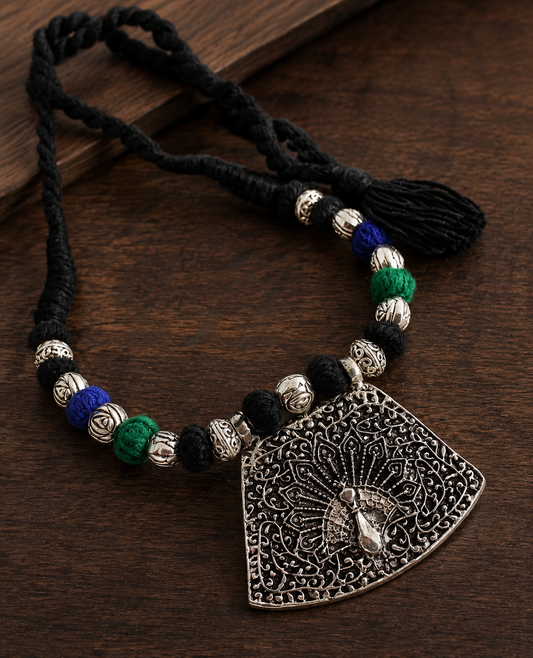 Unique Designer Silver Finish Peacock Blue-green Black Thread Necklace Set-dj07354