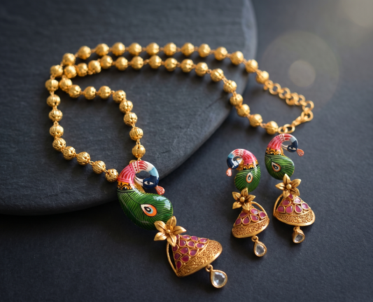 Antique Gold tone Meenakari Ruby-kundan Peacock Necklace Set dj-07383