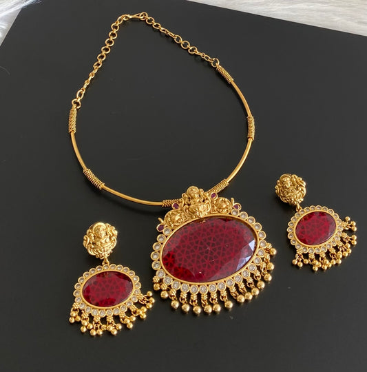 Matte finish lakshmi big red oval stone pendant hasli necklace set dj-54251