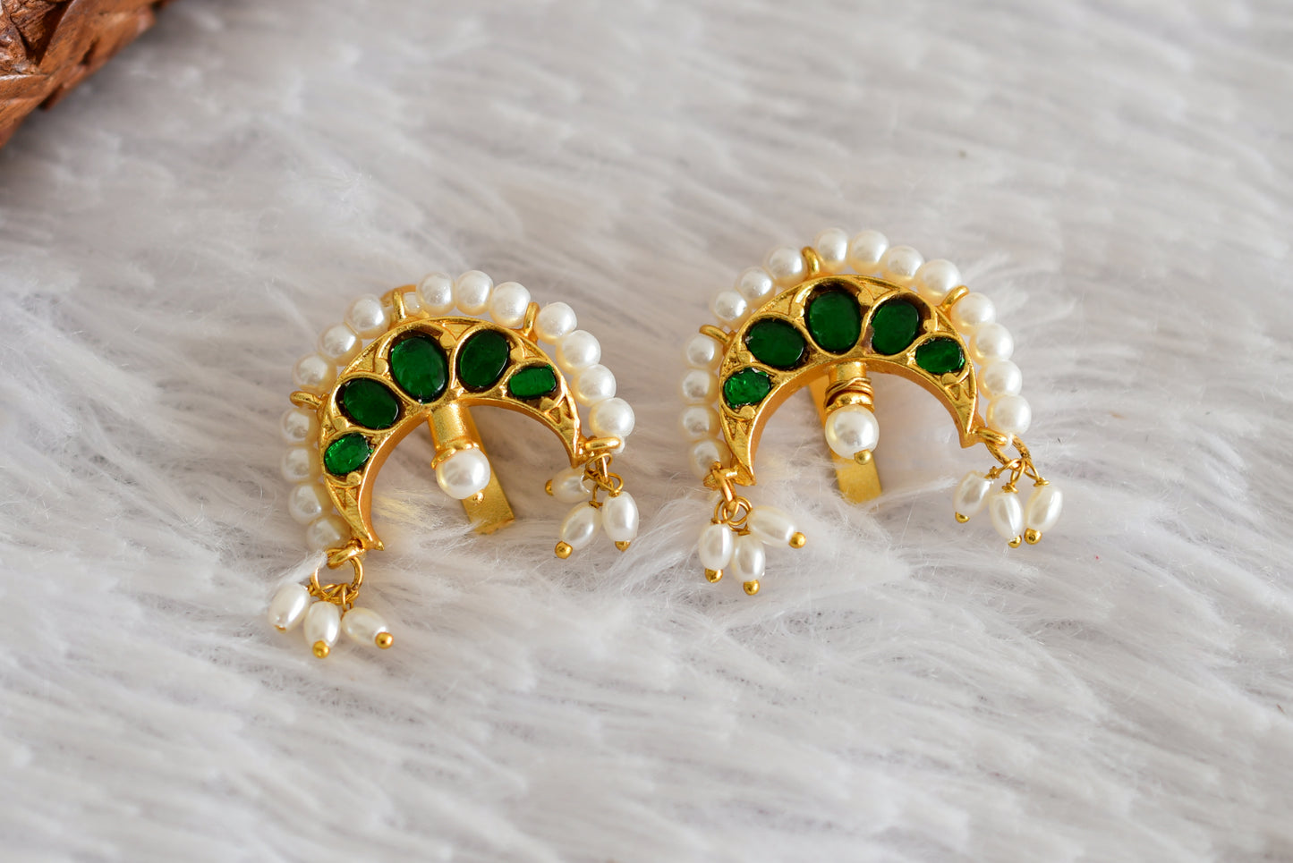 Gold tone green kundan jadau moon bugadi earrings dj-52465